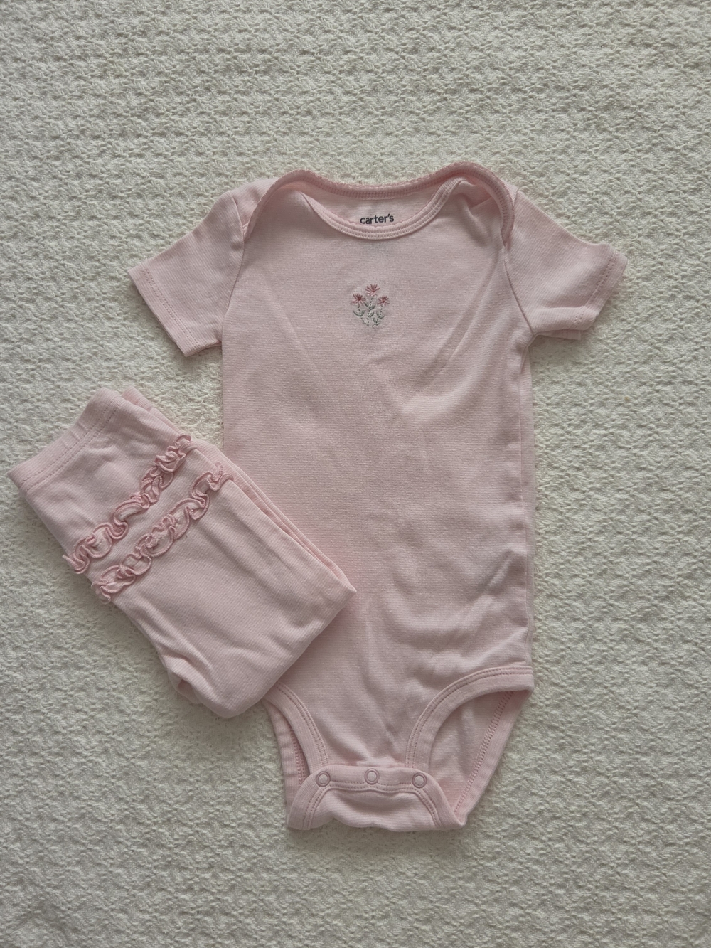 Carter's Light Pink Stripes Floral Embroidered Baby One-Piece with Ruffle Pants